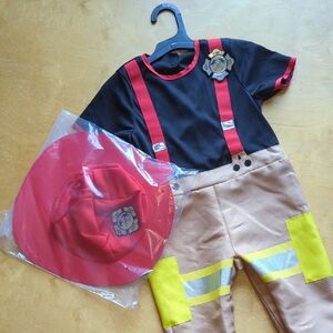 Toddler Firefighter Costume with Red Hat and Tan Pants